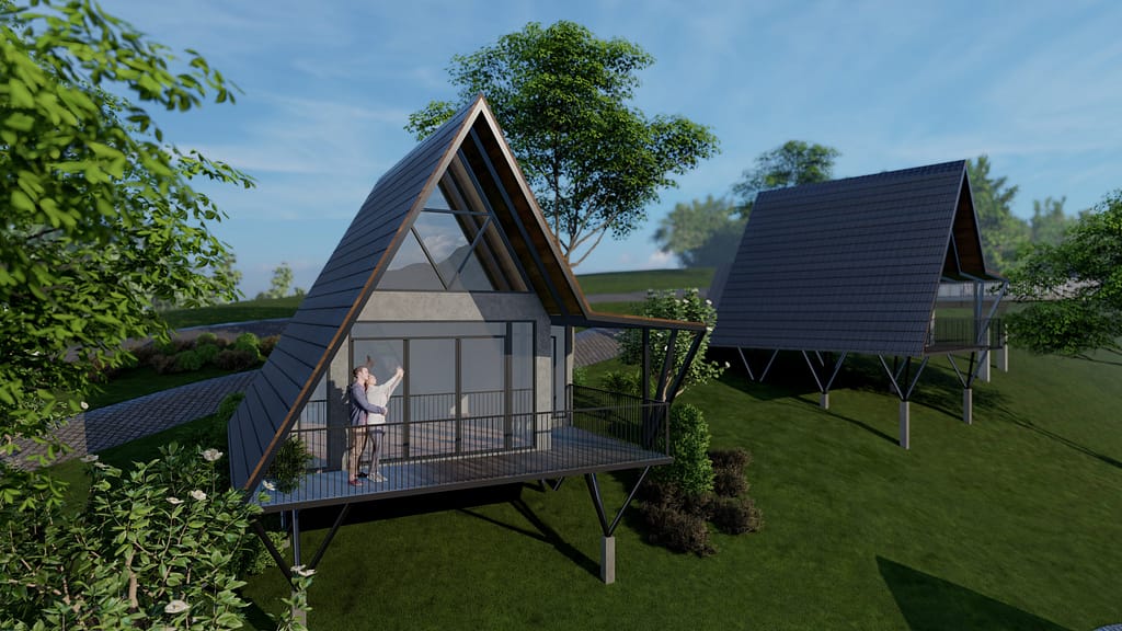 Rendered image of a contemporary resort with slope roofs in serene hills.