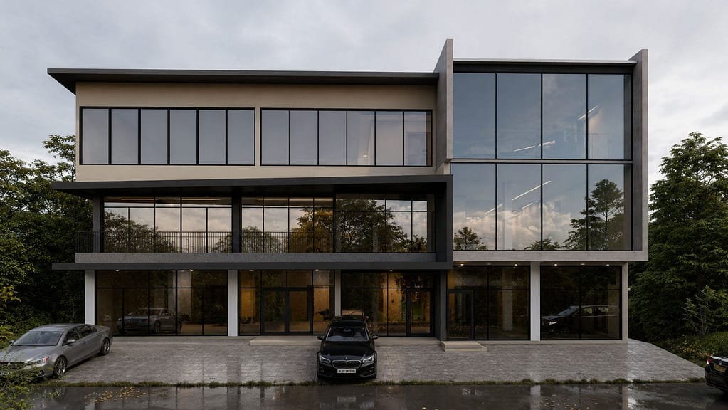 front elevation of a modern commercial building designed by lykke architecture studio