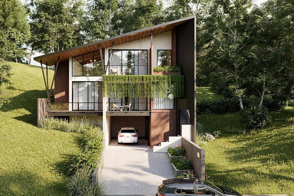 Luxury forest resort nestled amidst verdant hills and dense greenery, designed with a modern sloping roof, floor-to-ceiling windows, and nature-integrated terraces.