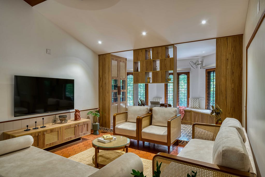 An image of a residence interior with elements of rattan material, with a touch of traditionality.