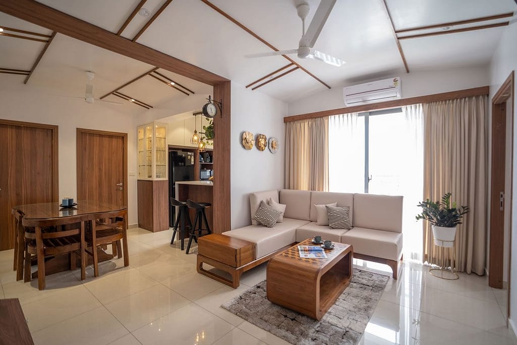 Modern living room with wooden accents showing minimalism and premium quality.