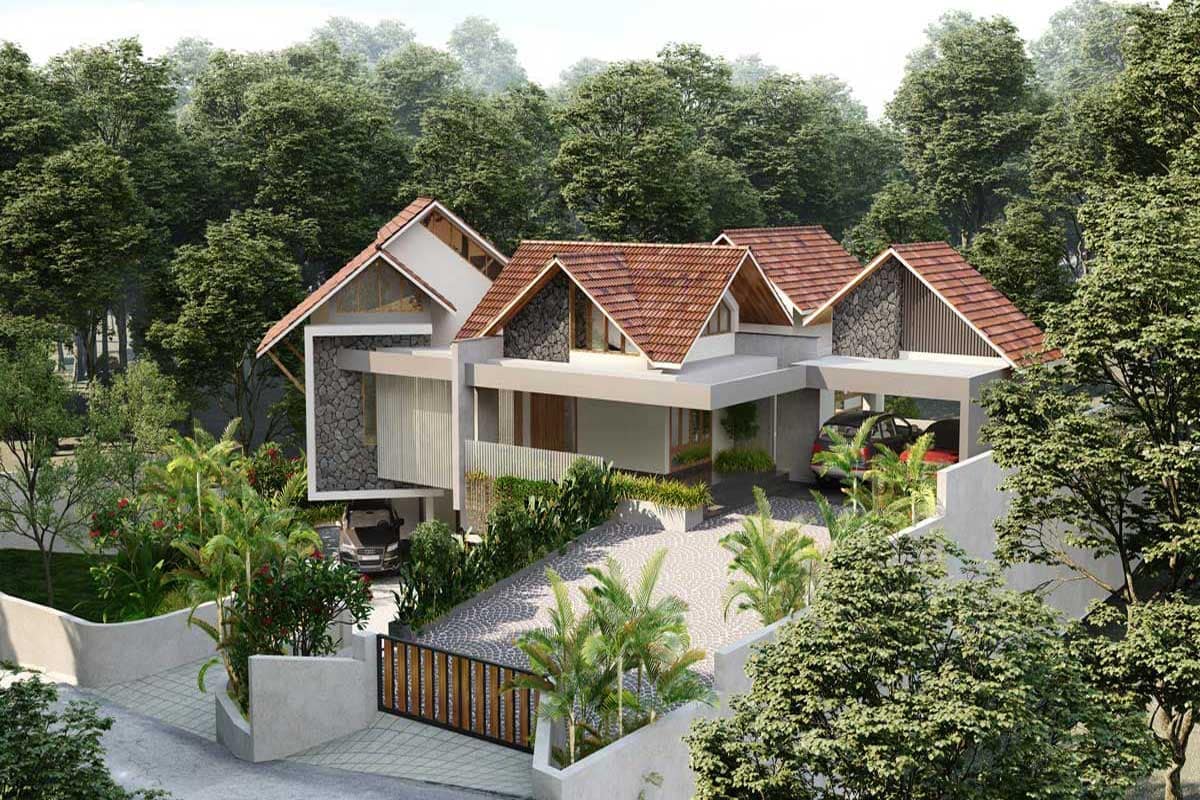 Side view of Rendered image of a model residence in kerala