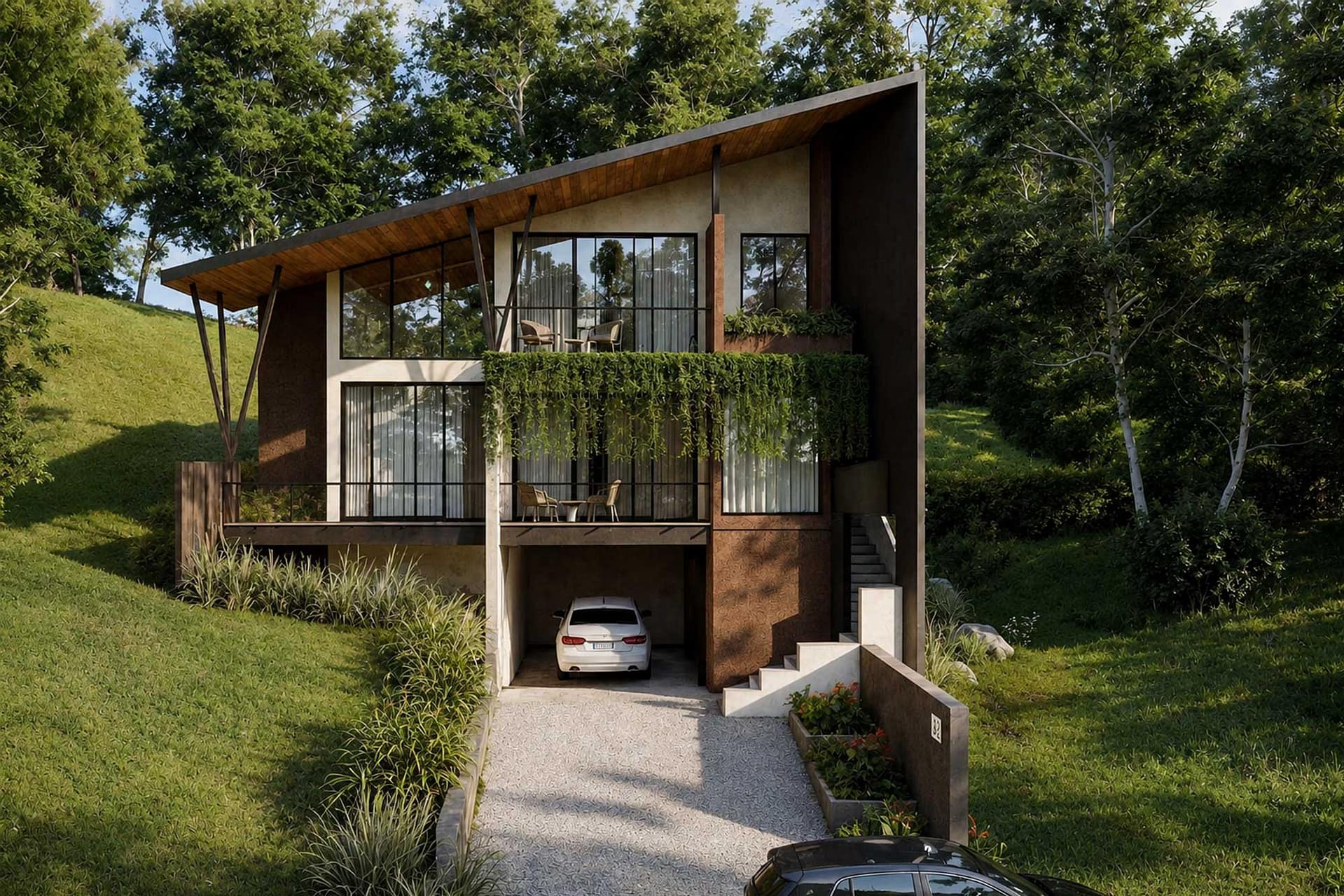Modern luxury forest resort nestled in a lush green landscape, featuring a contemporary sloping roof, expansive glass windows, warm wood detailing, landscaped terraces, and a tranquil natural setting.