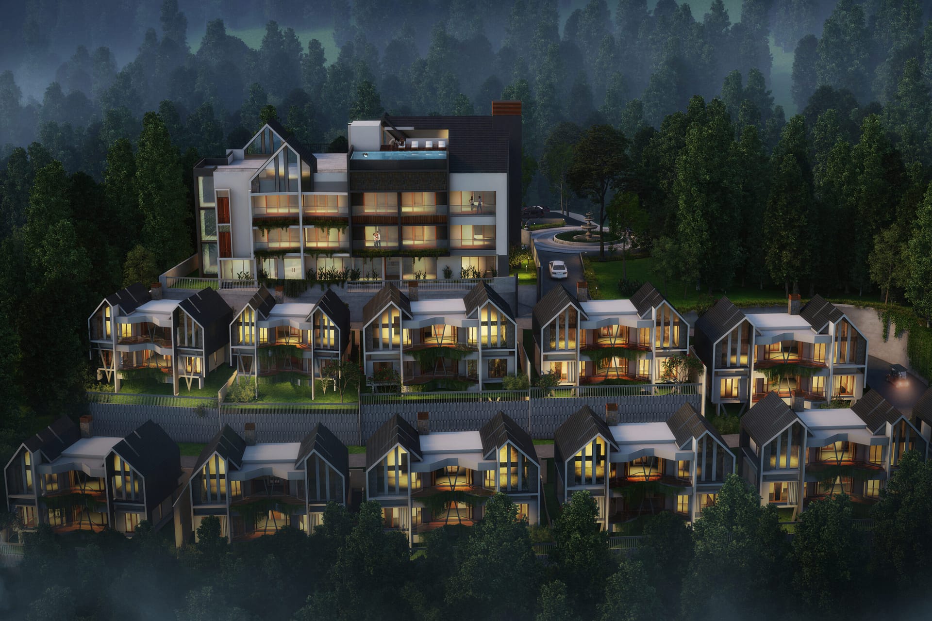 Rendered image of a hospitality project (resort) placed in a scenic landscape exhibiting its architectural excellence.