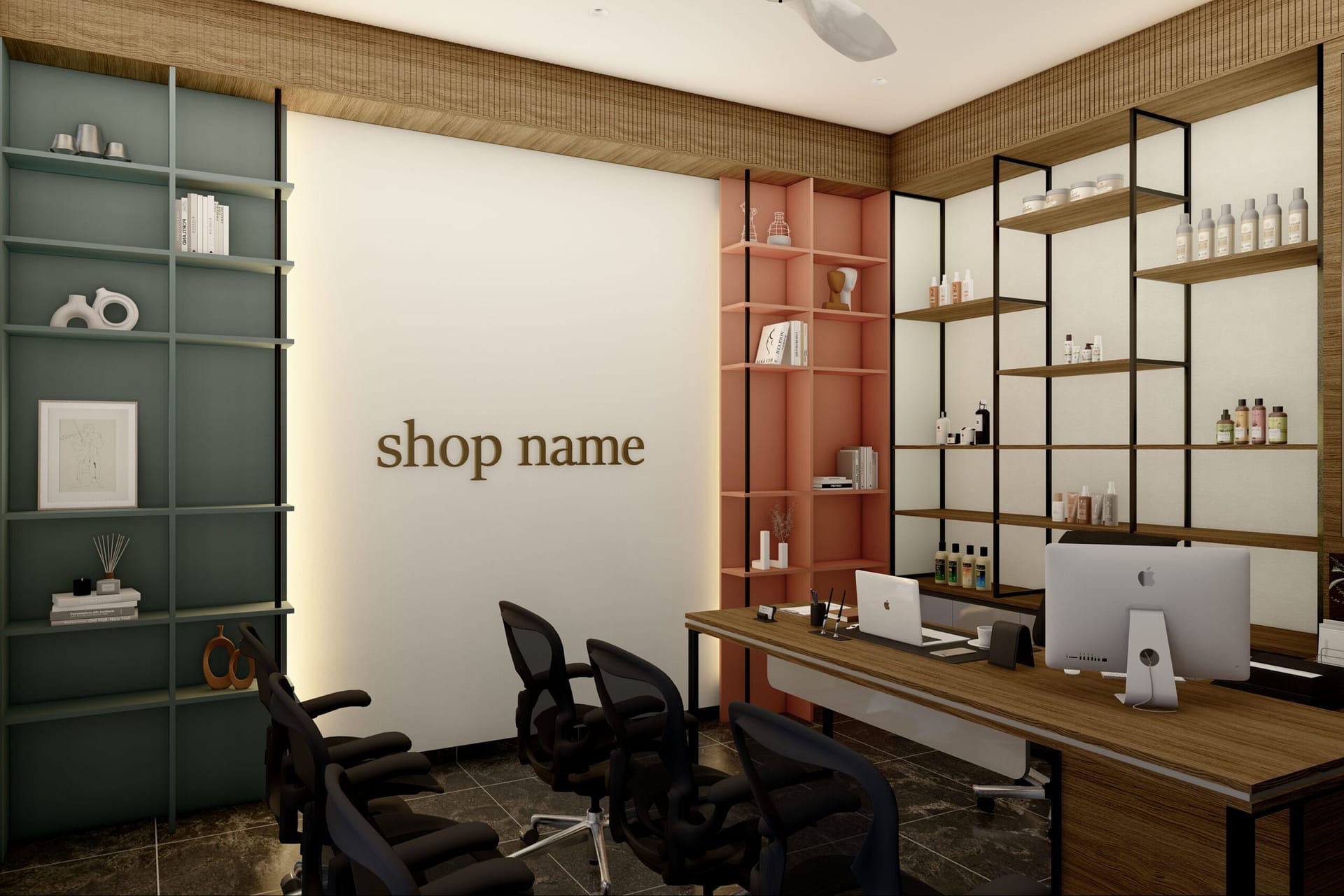 Rendered image of a medical shop (commercial) with sleek and minimalistic design by Lykke Architecture Studio