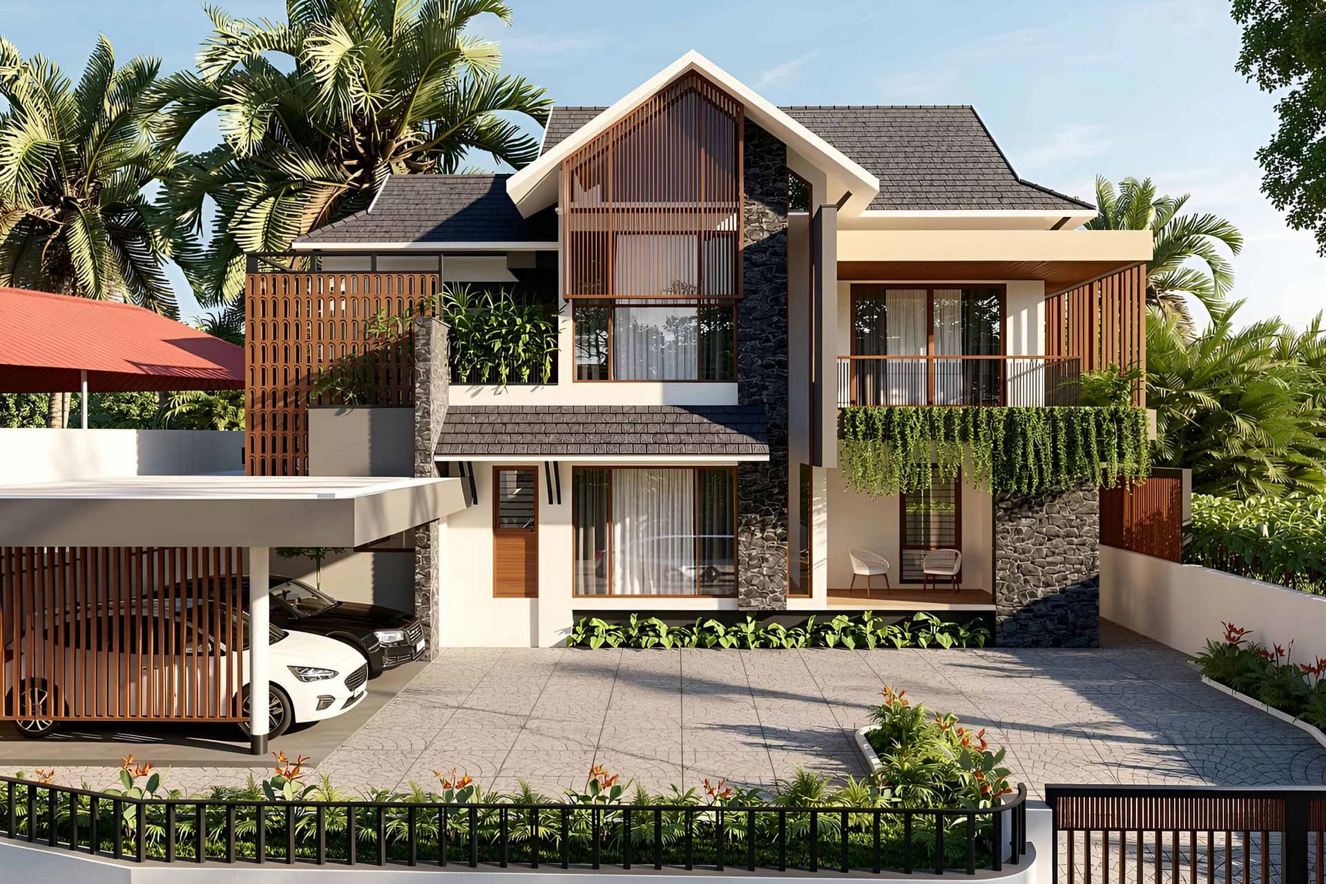 Render of a modern tropical residential house in Aluva, Kerala . designed by lykke architecture studio in Kakkanad , Kochi.