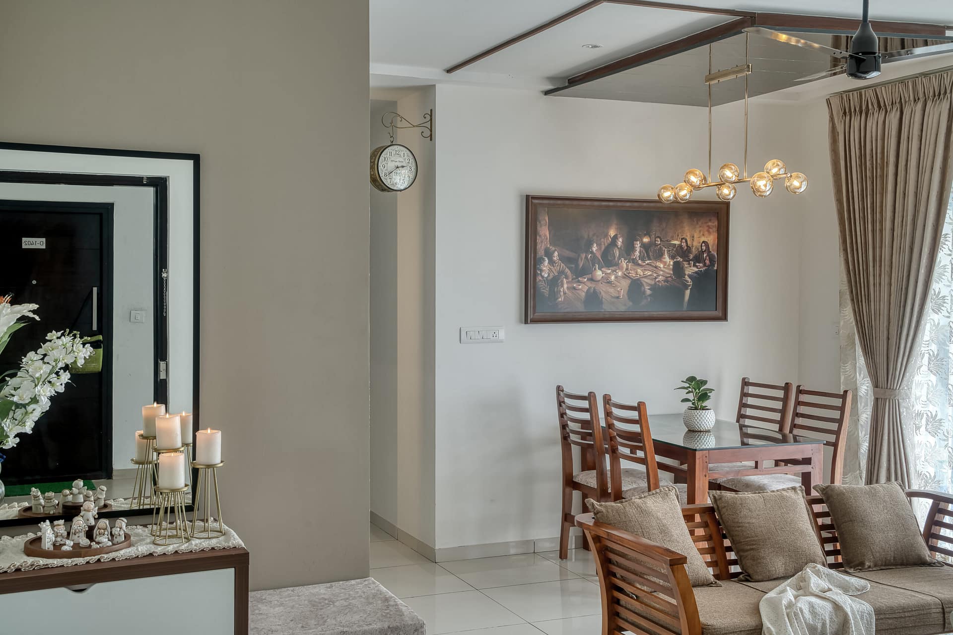 An image of serene residence interior project showcasing its muted tone and furniture arrangement.