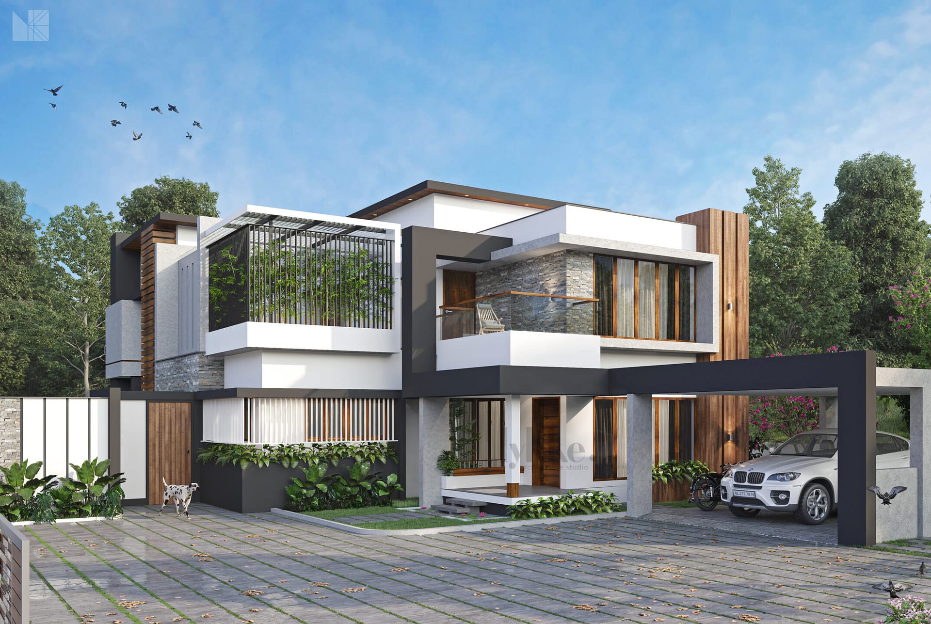 Rendered image of a contemporary abode with sleek and minimal design.