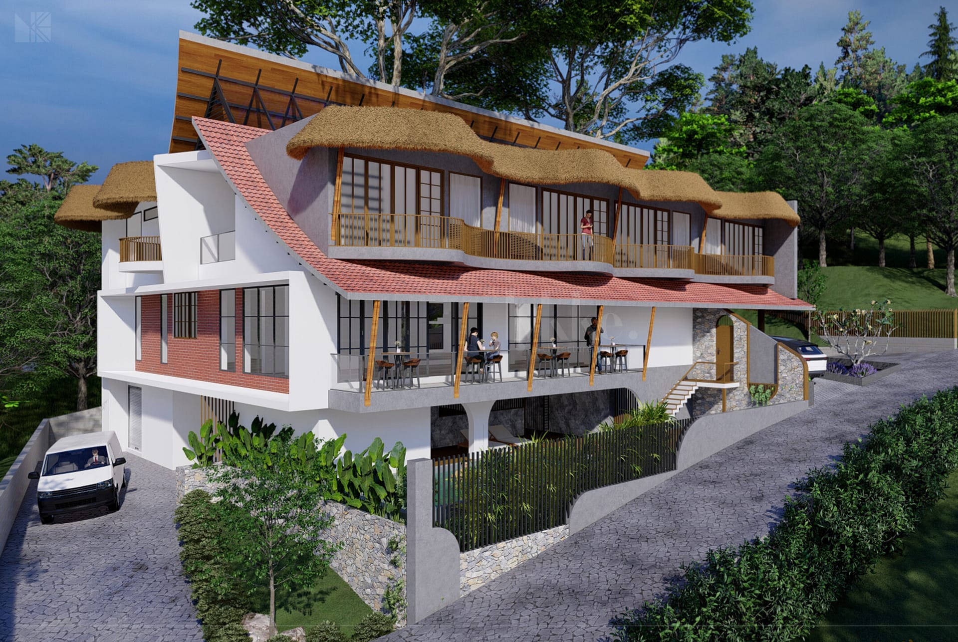 A rendered image of a resort (Hospitality) in Munnar designed by Lykke Architecture Studio which give its guests a serene and luxurious experience, blending seamlessly with the lush greenery of the surrounding hills.