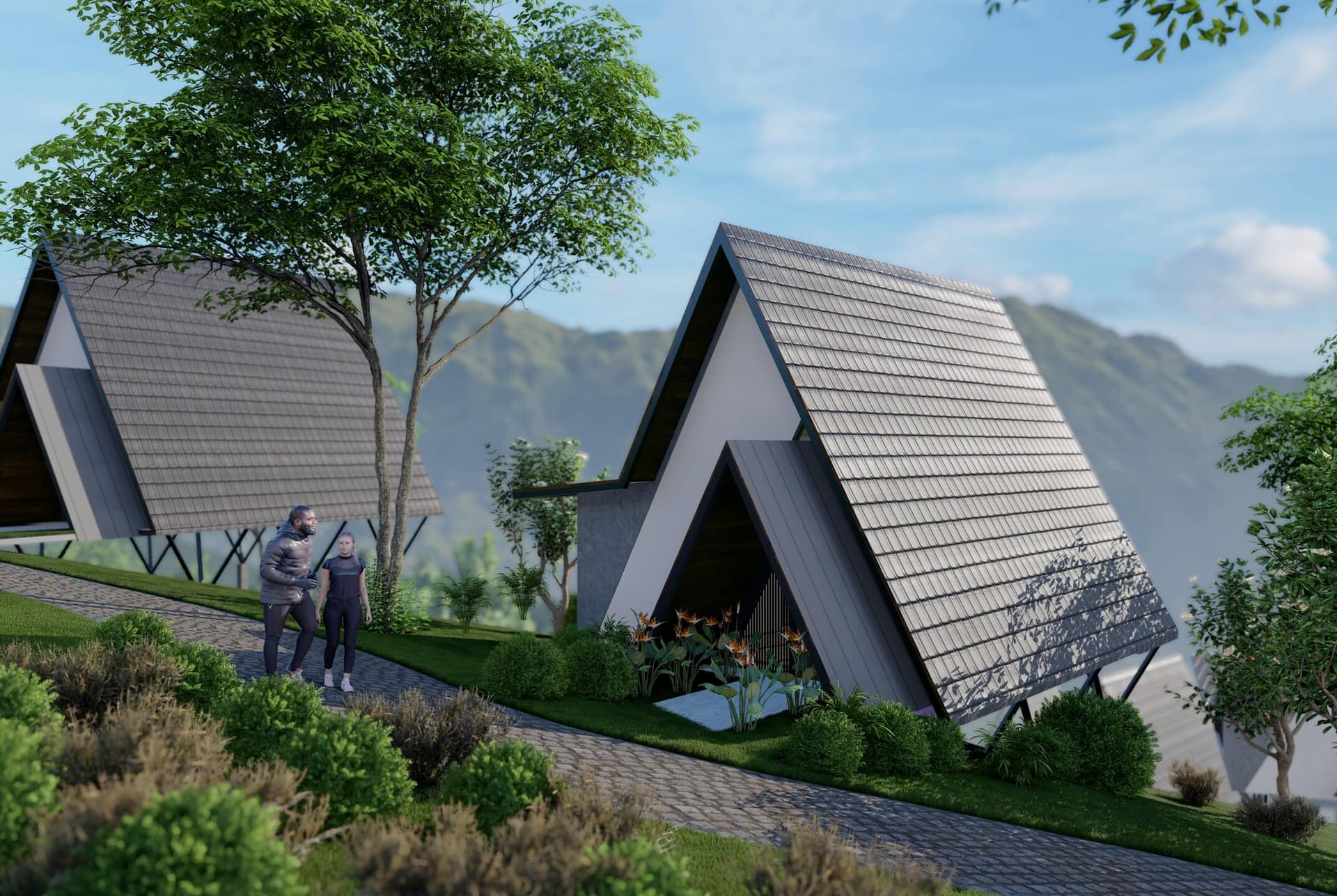 Rendered image of a contemporary resort with slope roofs in serene hills.