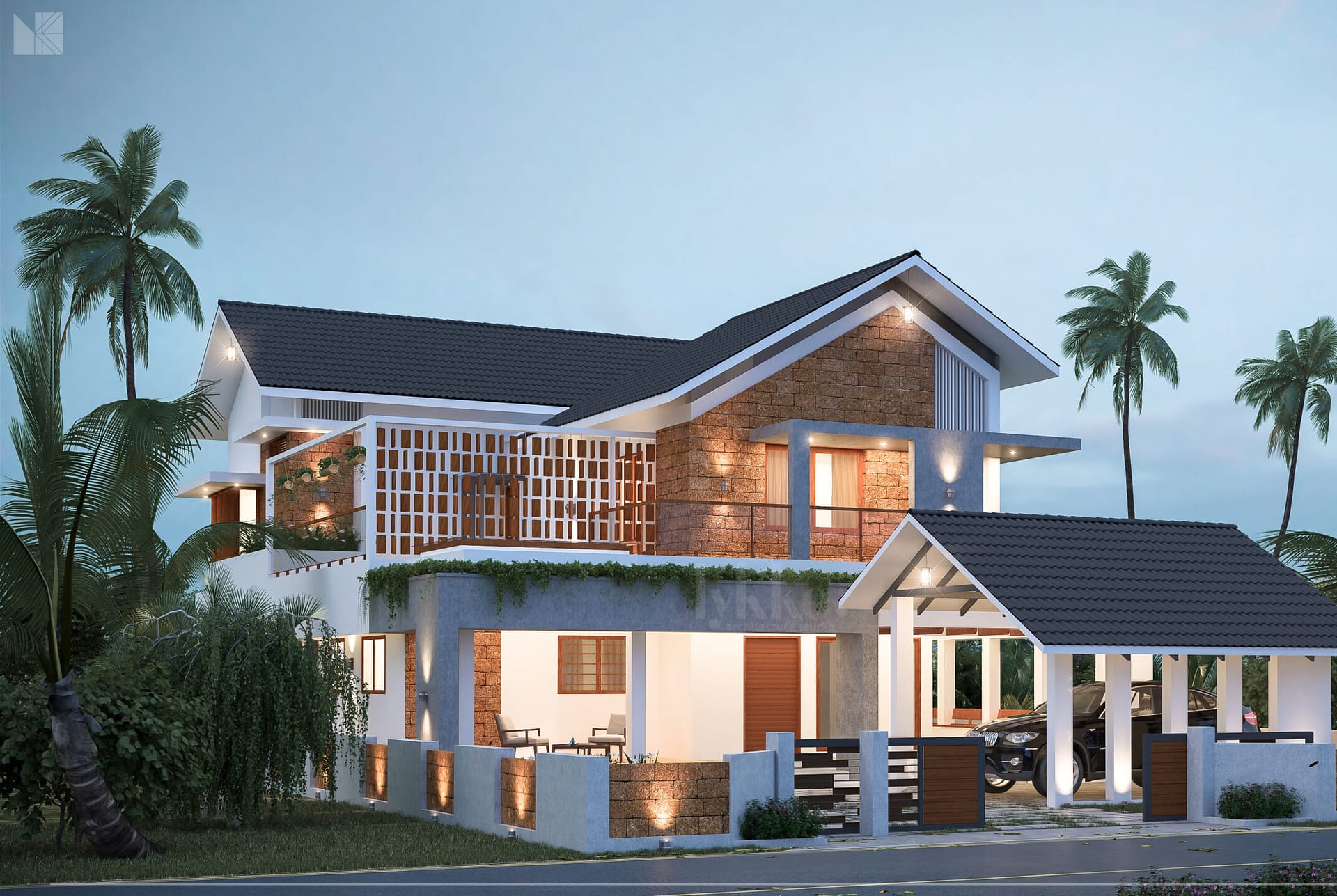A rendered image of a residential/residence project by Lykke Architecture studio showing its modern facade design.