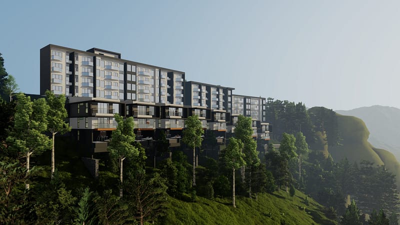 A rendered image of a hospitality/resort project designed by Lykke Architecture Studio.