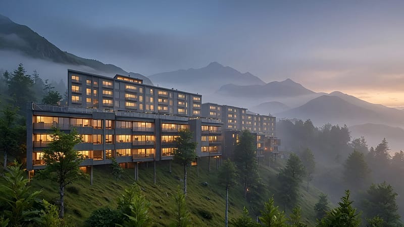 Commercial building design evening view .