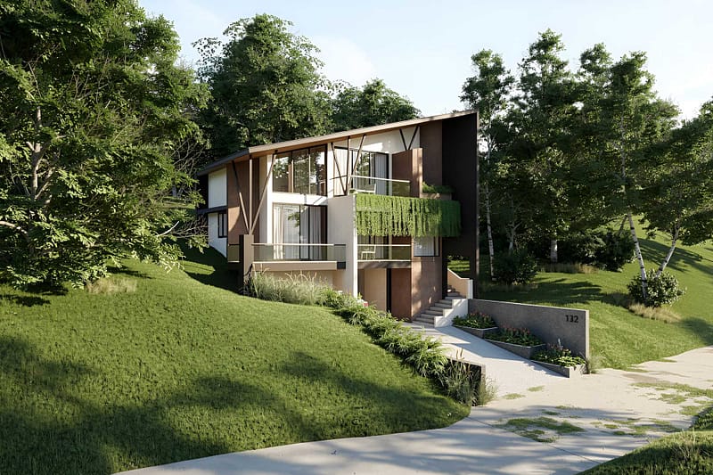 Modern luxury resort surrounded by lush greenery, featuring a contemporary sloping roof, expansive glass windows, and landscaped outdoor spaces.